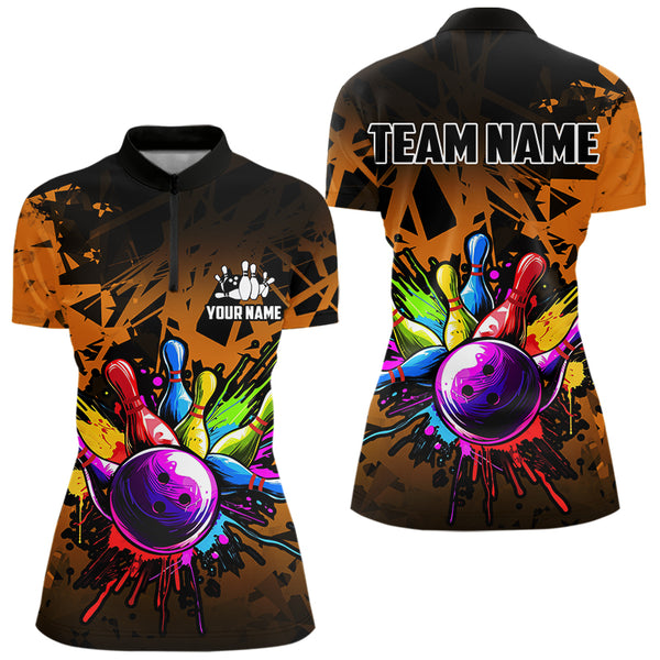 Colorful bowling jersey Polo, 1/4 Zip Shirt for Women Custom Bowling Team shirts for bowler| Orange NQS9730