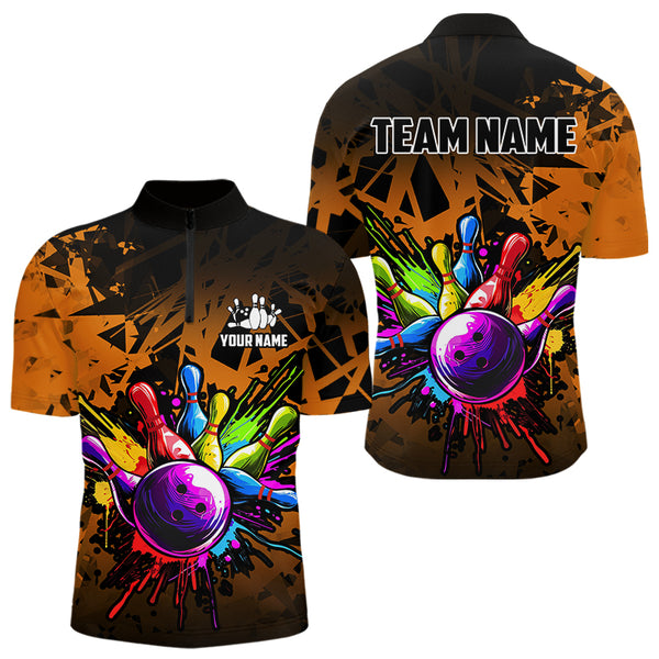 Colorful bowling jerseys Polo, 1/4 Zip Shirt for Men Custom Bowling Team shirts for bowler | Orange NQS9730