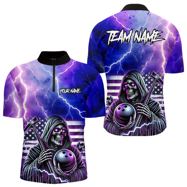 Purple American Flag Lightning Thunder Storm Reaper Bowling Shirt For Men Custom Bowling Team Jersey NQS9732