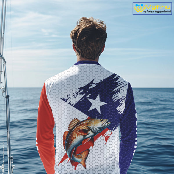 Red, White and Blue Texas Flag Redfish Fishing custom Redfish long sleeves performance fishing shirts NQS10001