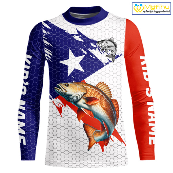 Red, White and Blue Texas Flag Redfish Fishing custom Redfish long sleeves performance fishing shirts NQS10001