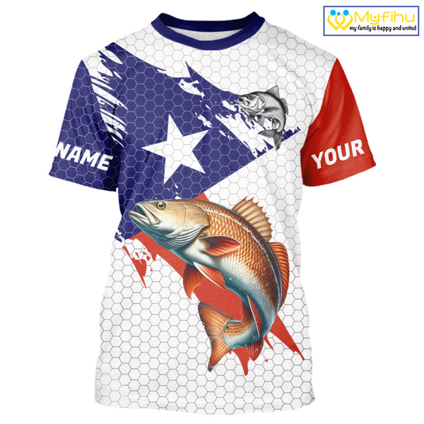 Red, White and Blue Texas Flag Redfish Fishing custom Redfish long sleeves performance fishing shirts NQS10001