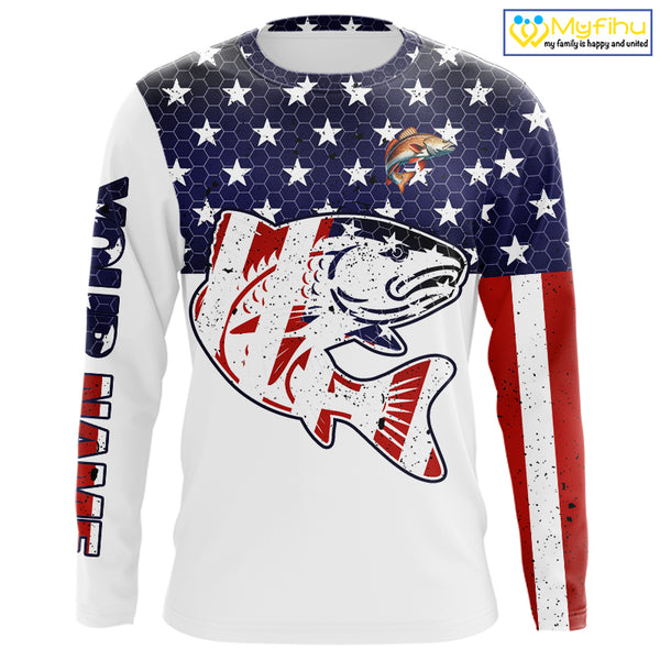 Red, White and Blue American Flag Redfish Fishing custom patriotic Redfish performance fishing shirts NQS10002
