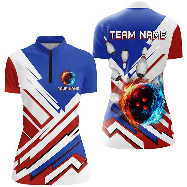 Red, White and Blue Flame Bowling Polo, Quarter Zip Shirts for Women Custom bowling team jerseys NQS7879