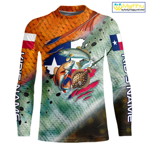 Texas slam redfish trout flounder scales Texas flag Custom patriotic fishing long sleeve shirts NQS10163