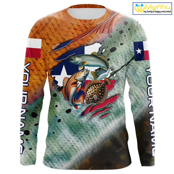 Texas slam redfish trout flounder scales Texas flag Custom patriotic fishing long sleeve shirts NQS10163