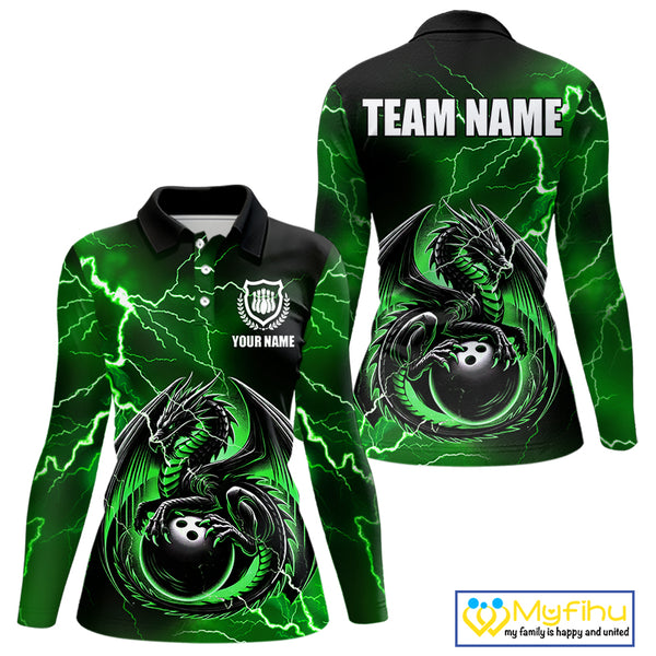 Personalized Black And Green Thunder Lightning Dragon Bowling Shirts For Women, Bowling Team Uniform NQS10296