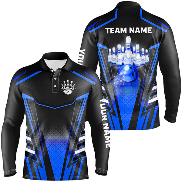 Men bowling Polo, Quarter Zip shirts Custom black & blue Bowling ball pins Team Jersey bowling apparel NQS8522