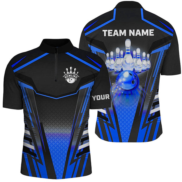 Men bowling Polo, Quarter Zip shirts Custom black & blue Bowling ball pins Team Jersey bowling apparel NQS8522