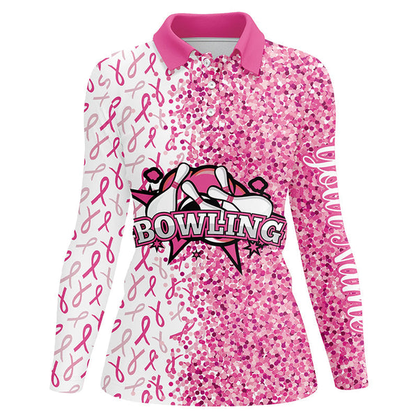 Pink glitter ribbon pattern Custom Bowing Shirts For Women, Breast Cancer Awareness bowling jerseys NQS8104