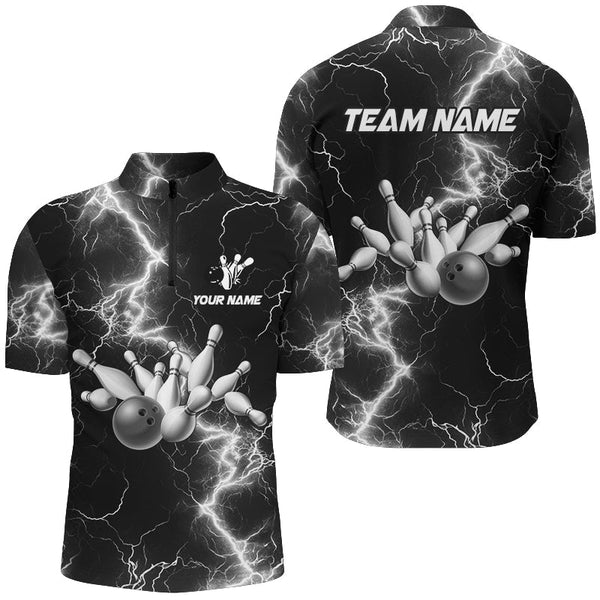 Mens bowling shirts Custom black and white lightning thunder Bowling Team Jersey, gift for team Bowler NQS8534