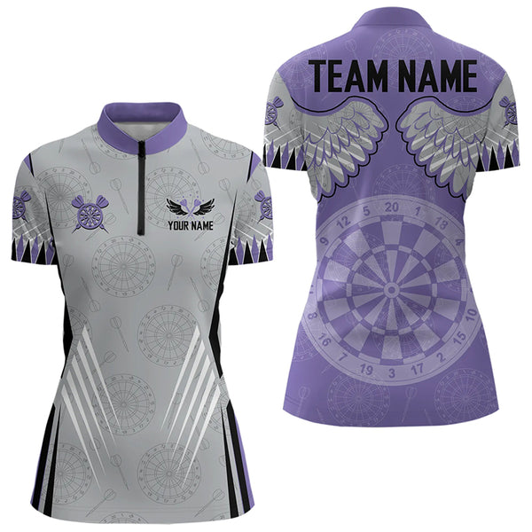 Dart Board Wings Camo Custom Team Dart Polo, Quarter Zip Shirt For Women, Ladies dart jersey | Purple NQS9253