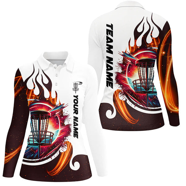 White Womens Disc golf polo shirts custom flame disc golf basket jerseys, disc golf outfits for women NQS7335