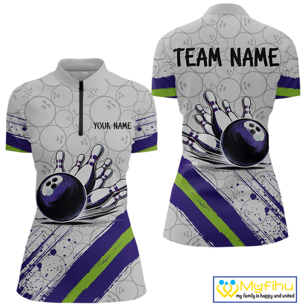 Purple and Green Bowling Camo Women Polo, 1/4 Zip Shirt Custom Team bowling jersey gift for bowlers NQS10008