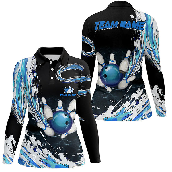 Blue Bowling Womens polo Shirts Custom bowling ball pins black bowling team league Jerseys NQS6461