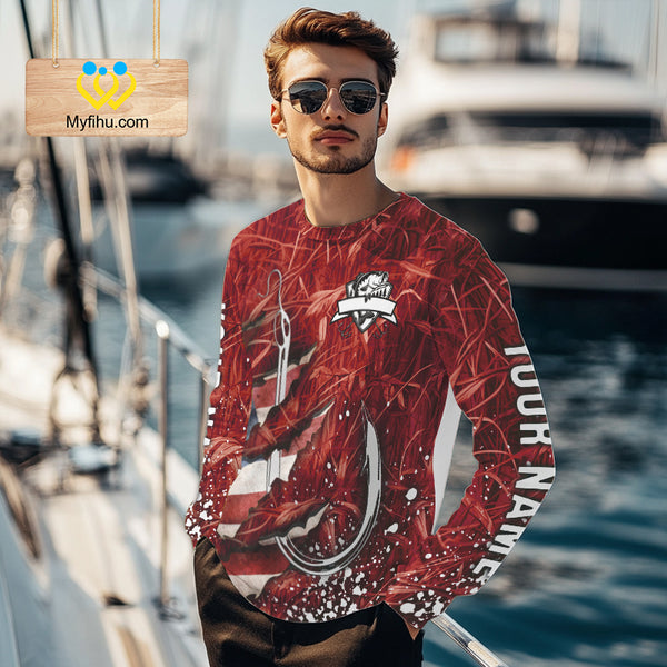 American flag fish hook red camo fishing custom sun protection performance long sleeve fishing shirt NQS10012