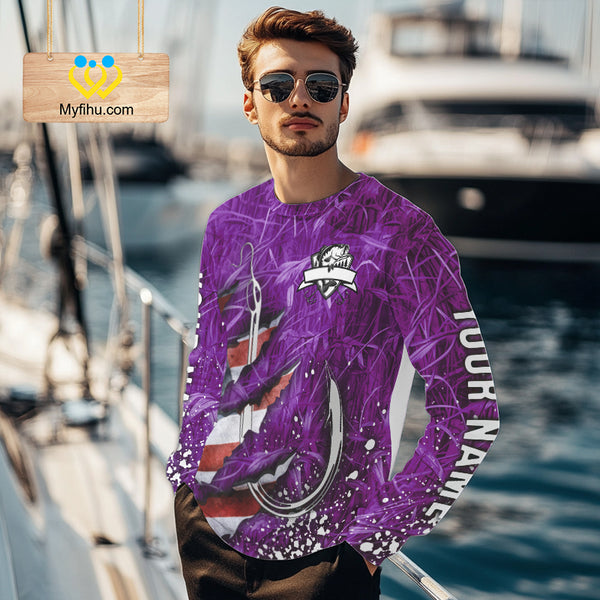 American flag fish hook purple camo custom sun protection performance long sleeve fishing shirt NQS10013