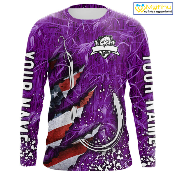 American flag fish hook purple camo custom sun protection performance long sleeve fishing shirt NQS10013