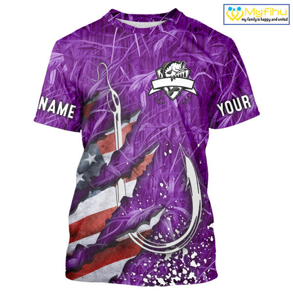American flag fish hook purple camo custom sun protection performance long sleeve fishing shirt NQS10013
