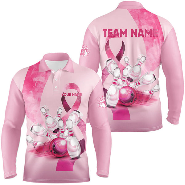 Pink ribbons pattern Custom Bowing Shirts For Men, Breast Cancer Awareness team bowling jerseys NQS8124