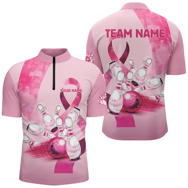 Pink ribbons pattern Custom Bowing Shirts For Men, Breast Cancer Awareness team bowling jerseys NQS8124