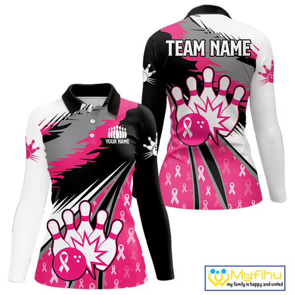 Women bowling shirts Custom pink ribbons pattern Bowling Team Jersey, Breast cancer shirt for Bowler NQS10515