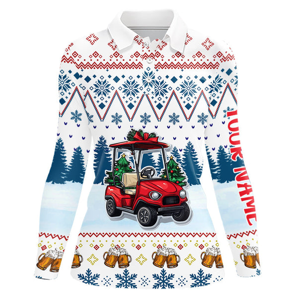 Womens golf polo Shirt Custom Ugly Christmas Pattern Golf cart and beer golf shirts for ladies | Blue NQS9031