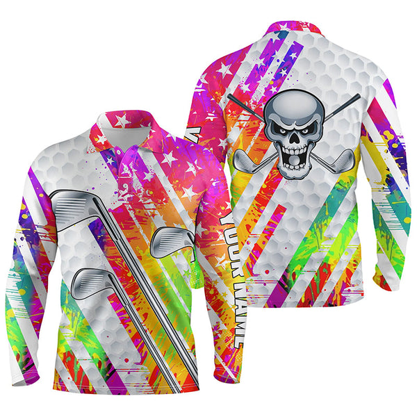 Colorful watercolor American flag golf skull patriotic golf club Men polo shirts custom team golf polo NQS4787