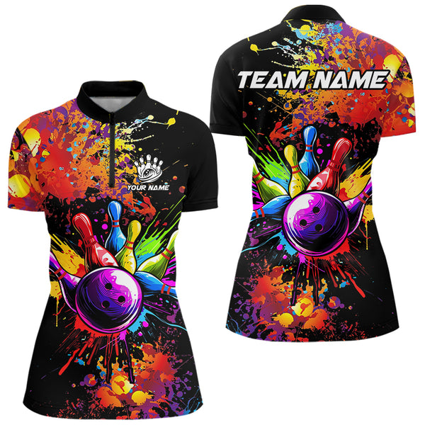 Colorful bowling jerseys Bowling Polo, 1/4 Zip Shirt for Women Custom Bowling Team shirts for bowlers NQS9770