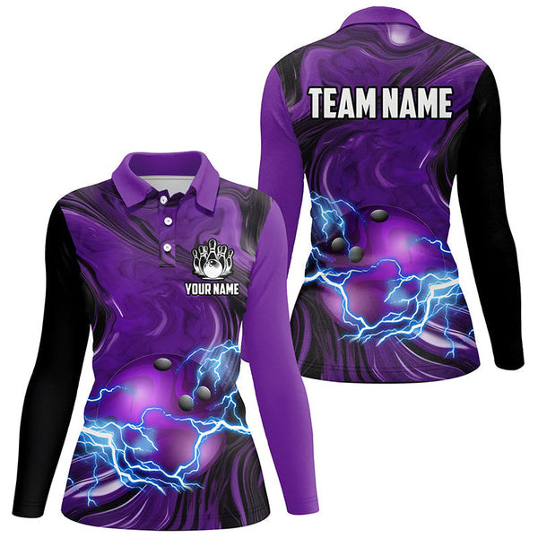 Purple Camo lightning thunder ball bowling Women Polo, Quarter Zip shirts custom bowling team jerseys NQS7930
