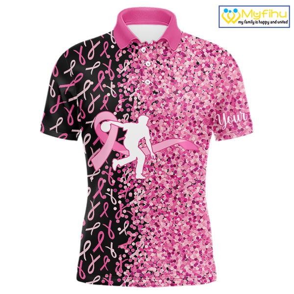 Pink glitter ribbon black Bowling Shirts For Men Custom Breast cancer bowling shirts gift for bowlers NQS10180