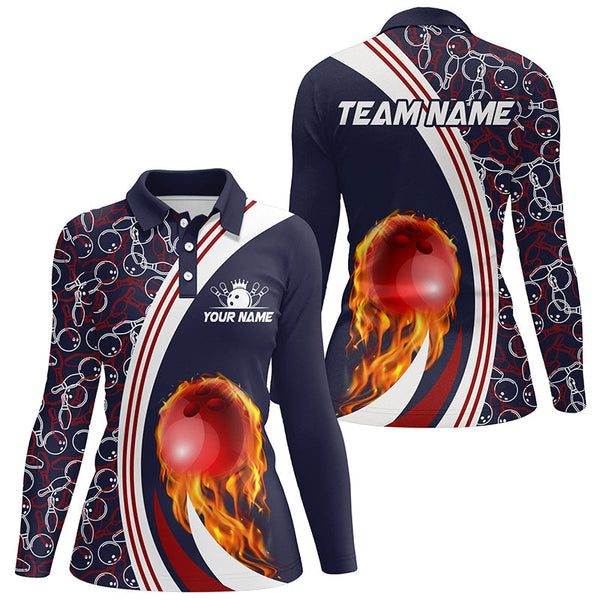 Bowling Polo Shirts For Women Custom camo flame bowling ball fire Bowling Team League Jerseys | Navy NQS6716
