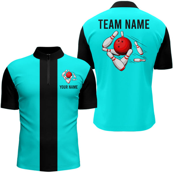 Personalized Cyan Blue and Black Retro Bowling Shirts For Men custom vintage bowling team jerseys NQS9046