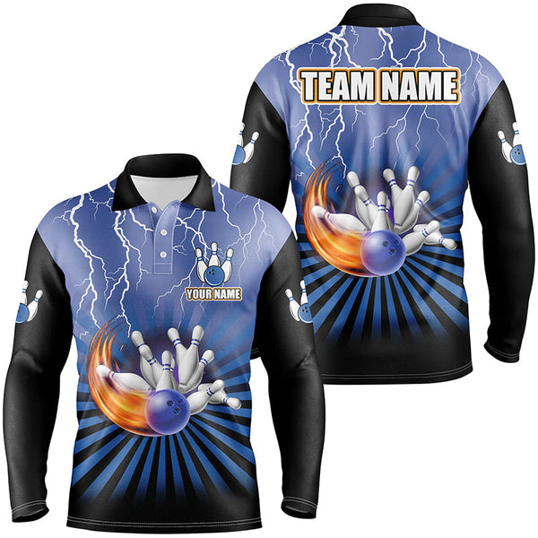 Men Bowling Polo Shirt Custom lightning storm vintage Bowling Team Jersey, gift for Bowlers | Blue NQS7080