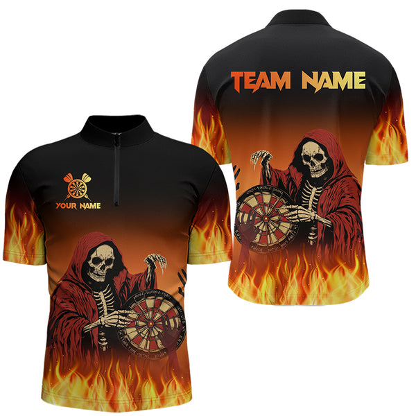 Flame Skull Reaper Darts Polo, Quarter zip Shirts For Men Custom Team Darts Jersey Outfit NQS9447