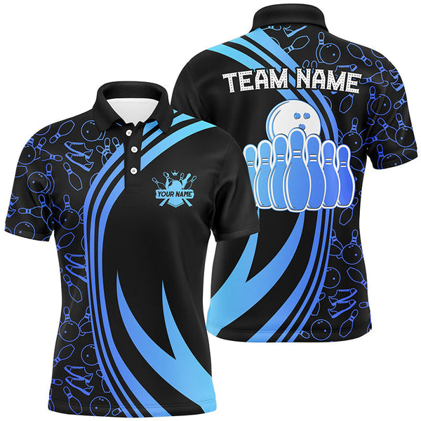 Black Mens bowling shirts Custom Blue neon team league bowling jerseys, gifts for bowlers NQS7537