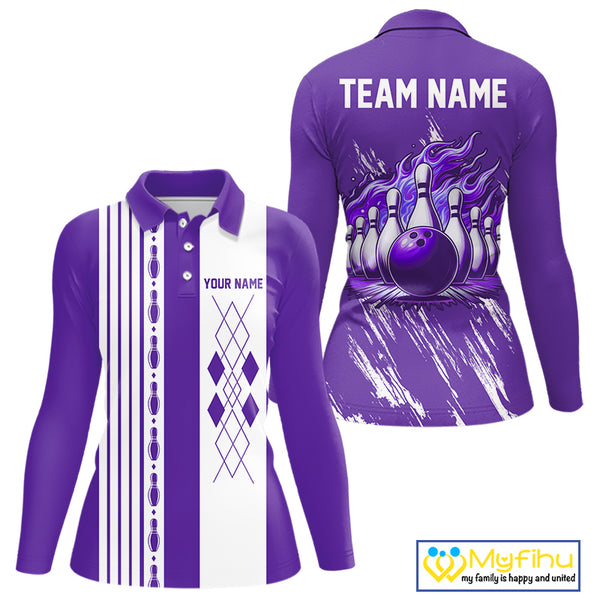 Retro Purple argyle Flame Bowling shirts For Women custom bowling team jerseys Ladies Bowler Outfits NQS10326