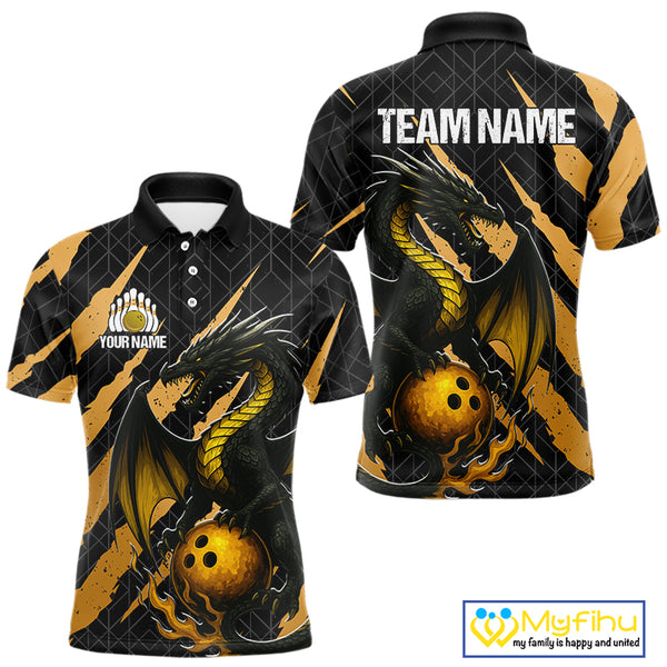 Black and Gold Dragon Bowling Polo, Quarter Zip Shirts for Men Custom Bowling Outfit Team jersey NQS10037