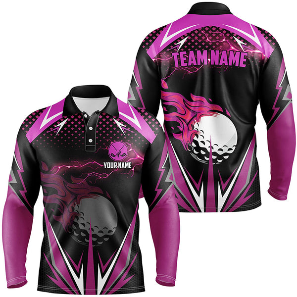 Black Mens golf polo shirts custom pink fire lightning team golf jerseys, golf attire for men NQS7943