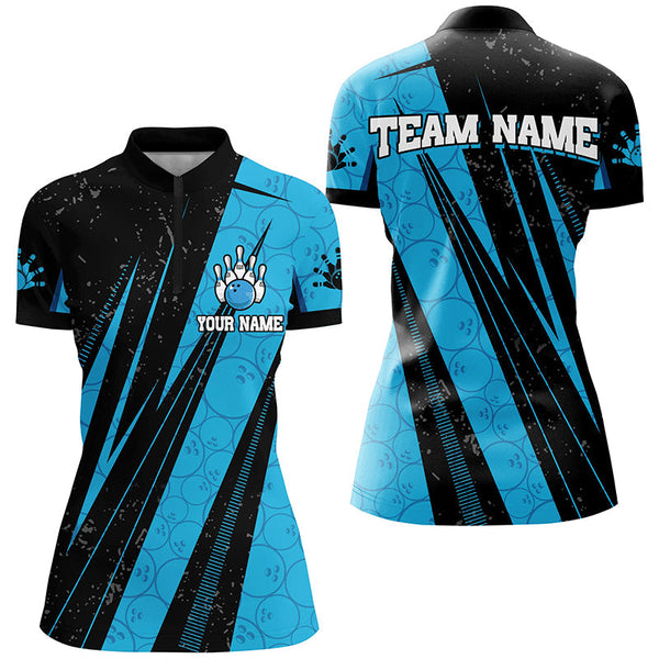 Black and Blue Camo Bowling Polo, 1/4 zip shirts Custom Team Women Bowling jerseys NQS8156