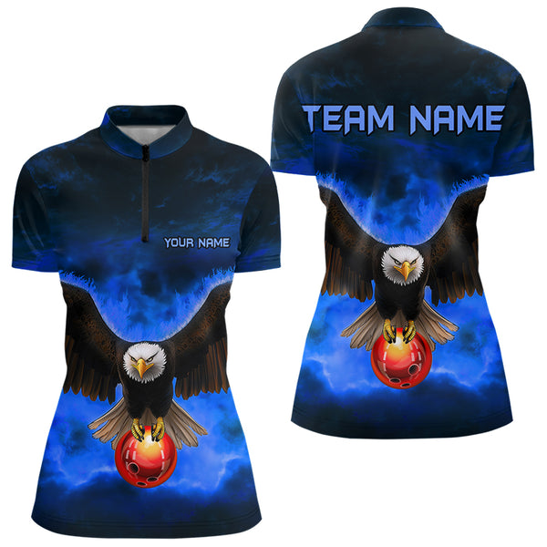 Personalized Blue Flame Eagle Custom Bowling Team Shirts For Women, Fire Eagle Bowling League Jersey NQS9614