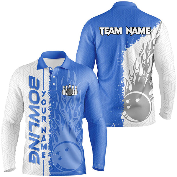 Mens Bowling polo shirts Custom white and blue flame Bowling ball and pins bowling Team league Jerseys NQS7103