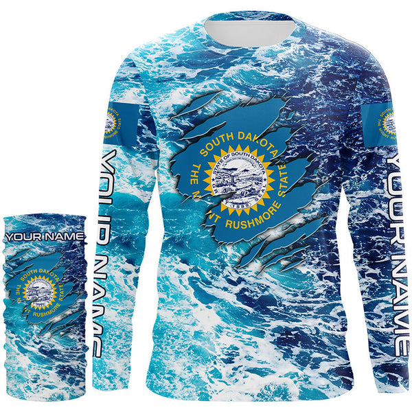 Blue sea wave ocean camo South Dakota flag patriot shirt Custom sun protection fishing shirts NQS8164