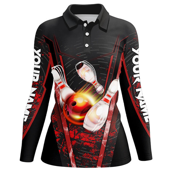 Women bowling polo shirts custom black and red bowling apparel team bowling jerseys, gift for bowlers NQS7224