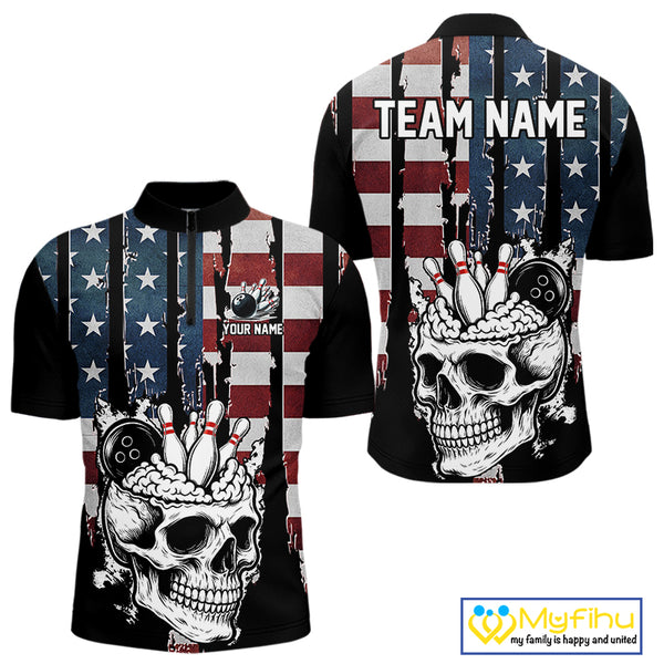 Vintage American Flag retro skull bowling shirts for Men Custom patriotic Bowling Team Outfit NQS10048