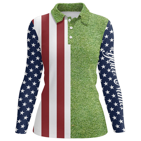 Womens golf polo shirts American flag patriotic custom green grass pattern golf top for ladies NQS6491