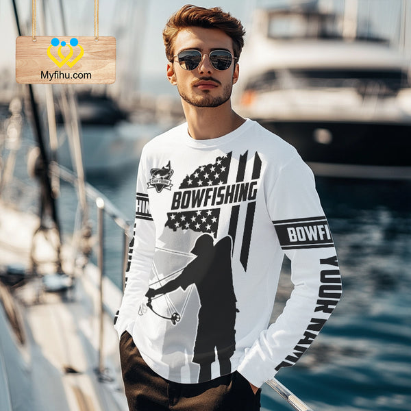 Carp hunter bowfishing black & white American flag Custom UV sun protection Long sleeve Fishing Shirt NQS9817
