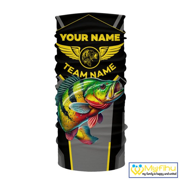 Personalized Black Peacock Bass Fishing jersey, Team Bass Fishing Long Sleeve tournament shirt| Yellow NQS9823