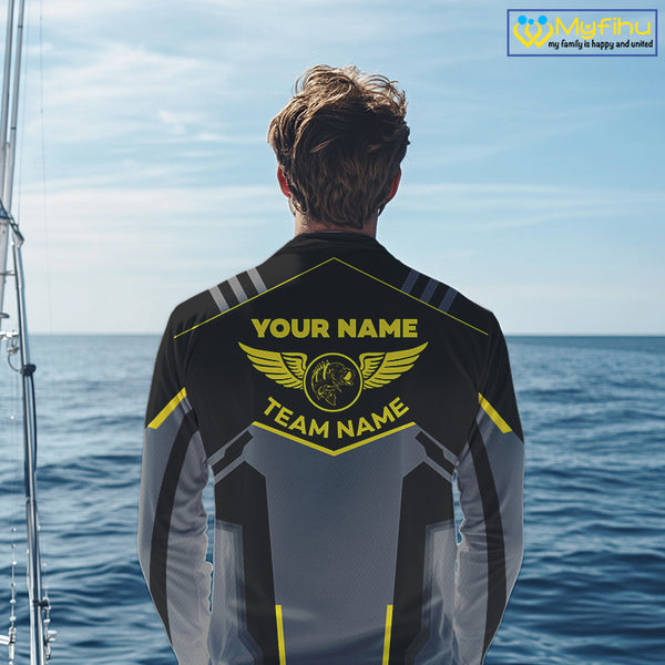 Personalized Black Peacock Bass Fishing jersey, Team Bass Fishing Long Sleeve tournament shirt| Yellow NQS9823