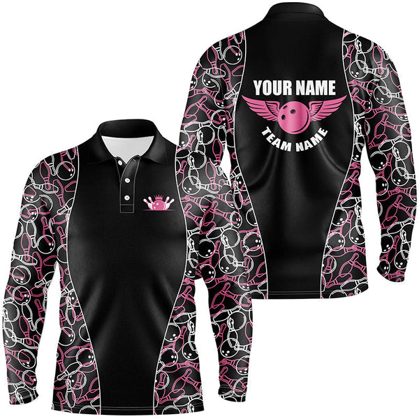 Black and pink Bowling pattern Polo, Quarter Zip Shirts For Men, Personalized Bowling Team Jerseys NQS7724